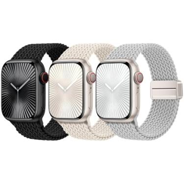 Imagem de JKD Pulseiras elásticas trançadas esportivas compatíveis com Apple Watch 10 9 8 mm, 41 mm, 42 mm, 44 mm, 45 mm, 46 mm e 49 mm, pulseira de nylon macio com fecho magnético para Apple Watch 10 9 8 SE 7