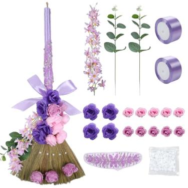 Imagem de Vassouras de casamento para cerimônia de salto – vassoura de casamento roxa com fitas, pérolas, flores artificiais, folhas, bordado de malha, conjunto de cerimônia de salto de casamento DIY para