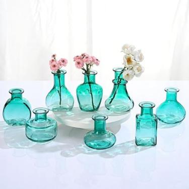 Imagem de EylKoi Bud Vases a granel pequeno vaso verde de vidro conjunto de 8 diferentes formas superfície lisa vintage mini vasos minúsculos modernos bonitos para mesa de flores decoração de casamento centros