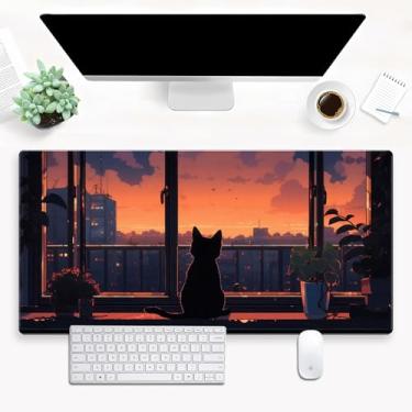 Imagem de Tapete de mesa Lofi Aesthetic Tapete de rato de gato fofo laranja anime tapete de rato extra GG grande para jogos de mesa, 70 x 48 cm, teclado e mouse pad para decoração de mesa