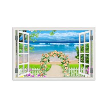 Imagem de Quadro de Parede Janela Falsa-Paisagens Impressões em Tela-Mar Praia Flores-Natureza Pinturas Decoração 30x50cm-12x19in Sem Moldura
