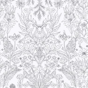 Imagem de Uooar Papel de parede preto e branco de veado 43 cm × 1222 cm Papel de parede de contato com plantas naturais Papel de parede de vinil autoadesivo removível para armário de sala de estar e quarto