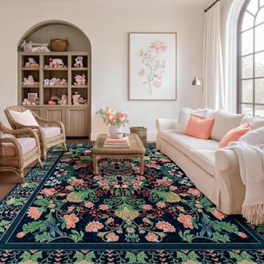 Imagem de Zhangui Tapete floral 20 x 25 cm, azul marinho, lavável para sala de estar, tapetes vintage para quarto, cozinha, sala de jantar, sala de jogos, escritório, verde, vermelho, amarelo