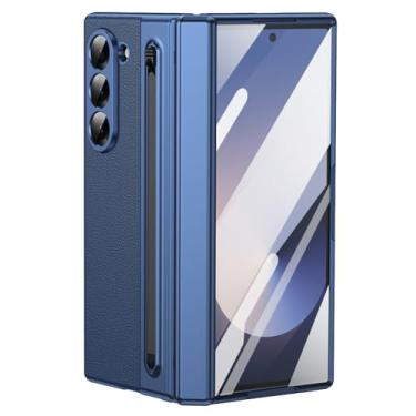Imagem de LYJSMGZ Capa revestida para Samsung Galaxy Z Fold 6, protetor de tela integrado, policarbonato fosco proteção total da dobradiça com compartimento para caneta, capa de couro, azul, dobra 6