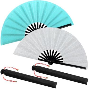 Imagem de Maitys 2 pacotes de leques grandes de palmas para dança em linha, grandes ventiladores chineses dobráveis para homens e mulheres, festivais, tai ji, kungfu, artes marciais, presentes (prata brilhante