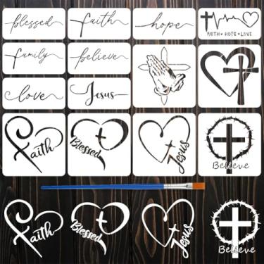 Imagem de FINGERINSPIRE 14 peças de estênceis de tema religioso com pincel, 2 tamanhos, estênceis de pintura cruzada, reutilizáveis, estêncil, coração, casa, modelo de decoração de palavras religiosas para
