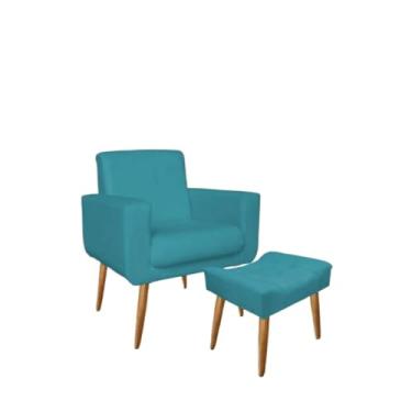 Imagem de Kit Poltrona e Puff Requinte com Pés Palito Suede Aninha Decor (Azul Turquesa)