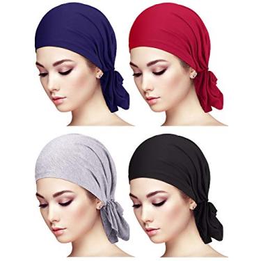Imagem de 4 peças de lenços de cabeça pré-amarrados sem cadarço feminino turbante gorro gorro lenço de cabeça para mulheres, Azul marinho, vinho, cinza, preto, as picture shown
