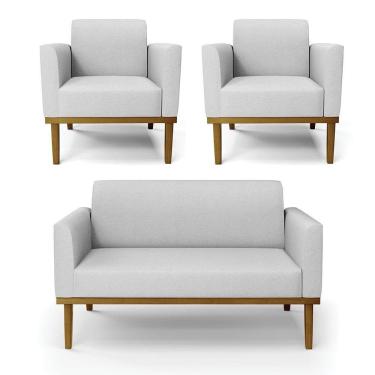Imagem de Sofá Namoradeira Com 2 Poltronas Base De Madeira Fixa Castanho Marisa Linho Cinza A05 D03 - D?rossi