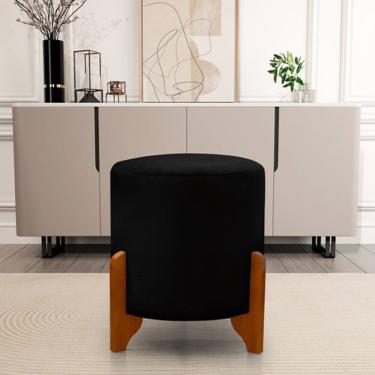 Imagem de Puff Redondo Em Veludo Com Pés Em Madeira Maciça Decorativo Sala Quarto