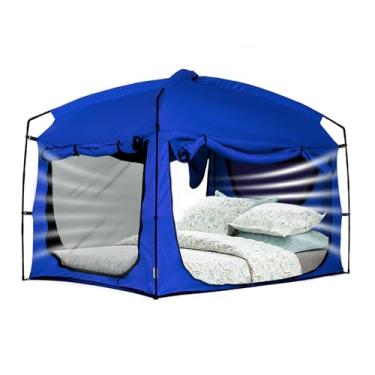 Imagem de Barraca de cama, dossel de cama portátil, cortinas de cama de privacidade tamanho Queen, 90% blackout para crianças e adultos dormirem, barraca de espaço interno com grande espaço de malha respirável