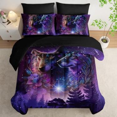 Imagem de AILONEN Jogo de cama solteiro com estampa de lobo, galáxia noturna estrelada roxa, 7 peças, edredom preto de microfibra macia, lençol com elástico, lençol de cima, 2 fronhas, 2 fronhas