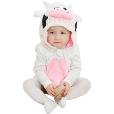 Imagem de Macaquinho unissex sem mangas com capuz para roupas de Natal e Halloween, macacão infantil com zíper e cosplay, Vaca, 18-24months