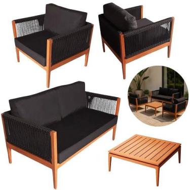 Imagem de Jogo Sofá Terraço Sala Madeira Corda Náutica Almofadas Impermeáveis - 