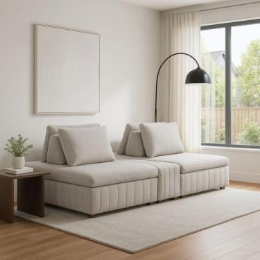 Imagem de Sofá Ilha Modulado 230cm Divan Boucle Suave Bege Claro Com Pés Em Made