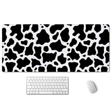 Imagem de SSOIU Almofada de mesa branca com estampa de vaca preta, tapete de mesa personalizado, tapete de mesa com estampa de vaca, bonito tapete de mouse para jogos estendido (90 x 40 cm), Mousepad grande com base de borracha antiderrapante com bordas costuradas