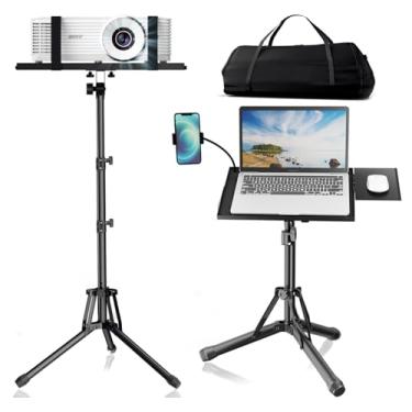 Imagem de ORWOD Suporte de projetor para laptop – tripé portátil com altura ajustável de 50 a 152 cm, suporte para projetor com suporte de telefone pescoço de ganso e bandeja de mouse, suporte para laptop para