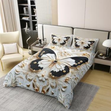 Imagem de Capa de edredom infantil borboleta 3D 100% algodão, conjunto de cama barroco vintage com flores douradas, decoração de quarto de meninas e mulheres, capa de colcha exclusiva preta e branca com insetos