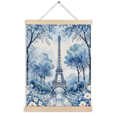 Imagem de FITIE Quadro de parede floral azul da Torre Eiffel de Paris, decoração parisiense, paisagem francesa romântica de Paris, impressão de decoração de parede para casa, quarto, sala de estar, 30,5 x 40,6