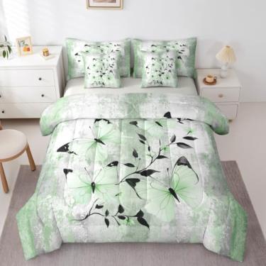 Imagem de Erosebridal Conjunto de cama casal de 7 peças, pintura a óleo abstrata, rústico, casa de fazenda, em uma bolsa, aquarela, borboleta, conjunto de edredom com lençol ombré, verde ombré, para mulheres e