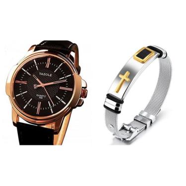 Imagem de Relógio Masculino Yazole 358 + Pulseira Aço Cruz Dourada