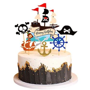 Imagem de Topo de bolo Yemeono com tema de navio pirata para decoração de bolo de aniversário náutico