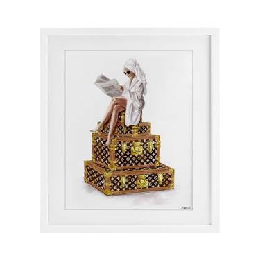 Imagem de Stupell Industries Reading Atop Suitcases Impressão emoldurada branca sob o vidro design por Ziwei Li, 40,6 x 33,5 cm