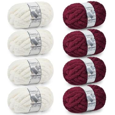 Imagem de Cozyful Fio grosso para tricô à mão - fio de chenille grosso nº 10, fios grandes e grossos para crochê, fios de manta de malha super volumosos, 8 novelos (25 m, 227 g/meada), creme e vinho