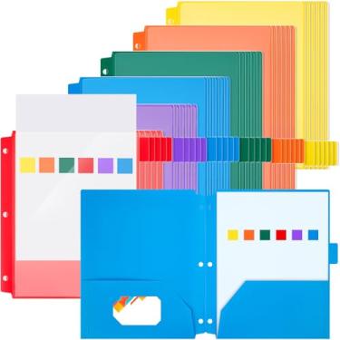 Imagem de Honoson 30 pastas de plástico com bolso frontal transparente, pastas perfuradas brilhantes de 3 furos para fichário de 3 anéis, abas cortadas de 1/6 para escritório, sala de aula