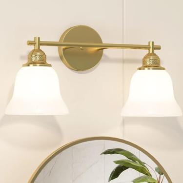 Imagem de Mepplzian Luminária de banheiro, arandela de parede de 2 luzes com persianas de vidro, acabamento dourado, luminárias sobre espelho para banheiro, quarto, sala de estar, corredor, 45 cm