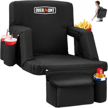 Imagem de Overmont Assento de estádio com suporte para as costas – reclinável de 6 posições, almofada extra larga, ganchos duplos, alças de mochila e vários bolsos – Cadeira de arquibancada para eventos