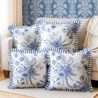 Imagem de Hillsuren 4 conjuntos de capas de almofada azuis florais azuis e brancas fronhas decorativas de linho de algodão com babados para cama, sofá, sala de estar, 45 x 45 cm