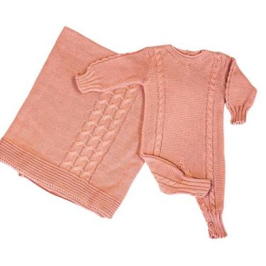 Imagem de Kit Saída Maternidade Bebe Macacão M/L e Manta Trança Tricot Unissex M