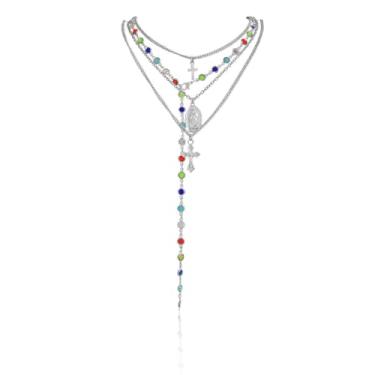 Imagem de GRUOR Conjunto de colar com cruz de Virgem Maria para mulheres, colares longos em camadas delicadas, colar de crucifixo de corrente em Y ajustável, joias de contas de oração católica religiosa para