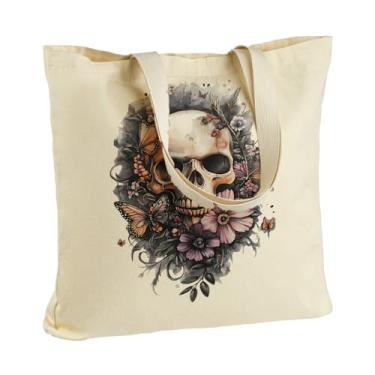 Imagem de ANNA QUEEN Sacola de lona, 35 x 40 cm, bolsa de ombro reutilizável, algodão poliéster, estilo casual, Flor de caveira, 13.7 X 15.7 Inches