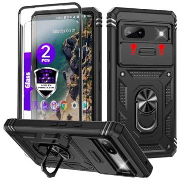Imagem de Capa para Google Pixel 7A com capa deslizante para câmera, 2 películas de vidro temperado, suporte de anel giratório de 360°, capa protetora de grau militar para Google Pixel 7A 6,1 polegadas - preta