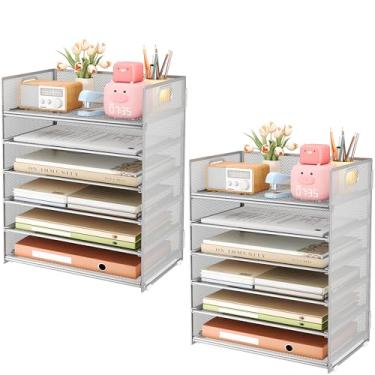 Imagem de Subekyu Organizador de papel de mesa de 6 camadas, bandeja de arquivo de carta com alça, classificador de documentos e suporte de acessórios para escritório, casa e escola, prata - pacote com 2