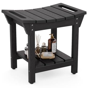 Imagem de Banco de chuveiro à prova d'água, banco de chuveiro de madeira LAHAAP para barbear as pernas, assento de cadeira de chuveiro com prateleira de armazenamento e alças, banco de banheiro para chuveiro