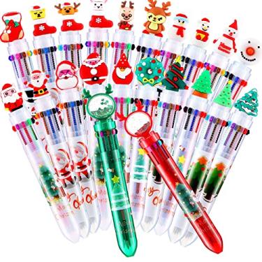 Imagem de Caneta esferográfica de Natal 10 em 1 multicolorida retrátil canetas esferográficas árvore de Natal boneco de neve rena papai noel caneta de 10 cores para criança estudante crianças escritório escola presente suprimentos lembrancinhas de festa (22 peças)