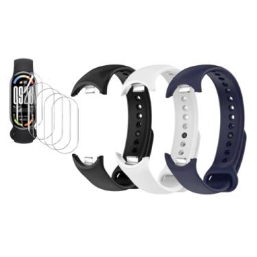 Imagem de Kit 3 Pulseiras extras compatíveis com xiaomi mi band 10/ mi 9 /mi 8 + 5x Película Protetora Gel (Mi band 8/9 Preto,Branco,Azul +2x peliculas)