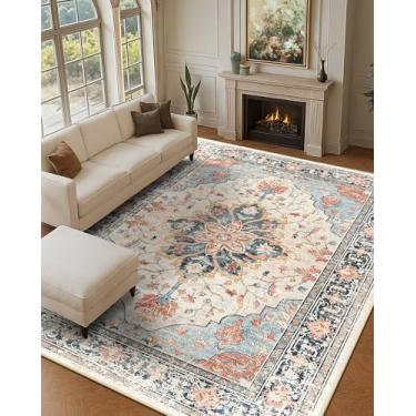 Imagem de RELEANY Tapetes de Área 2,5 x 30,5 m Lavável, Antiderrapante, Estampa Floral Vintage, Bege, Azul Marinho, Laranja, Colorido