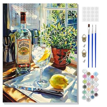 Imagem de DOMROM Kit de pintura emoldurada por números para adultos iniciantes com cavalete de madeira, kit de pintura de coquetel vintage DIY por número em tela, kits de pintura a óleo DIY para decoração de