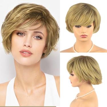 Imagem de Perucas marrons curtas com franja marrom corte Pixie perucas para mulheres brancas aparência natural perucas de cabelo curto sintético para mulheres