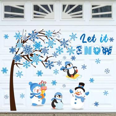 Imagem de FYSUIMU 36 peças de ímãs de garagem de Natal inverno decoração azul boneco de neve pinguim floco de neve árvore de garagem adesivos magnéticos de geladeira Let It Snow para festa de Natal, casa, carro