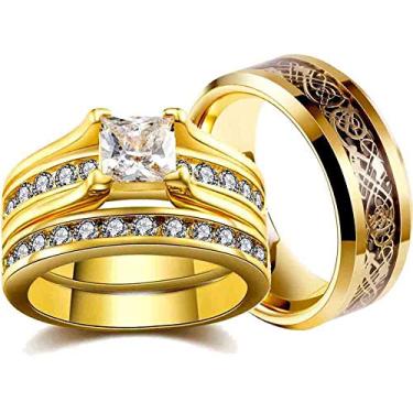 Imagem de Ringcrown Anéis de casal banhados a ouro amarelo princesa 8 x 8 Cz conjuntos de alianças de casamento femininas aço titânio masculino alianças de casamento (compre 2 anéis para 1 par), women size6,