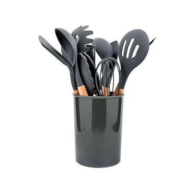 Imagem de Colher De Silicone Com Cabo De Madeira - Kit 12 PeçAs UtensíLios Premium | NãO Risca Panelas Antiaderentes | Presente Para Chá De Panela(CINZA)