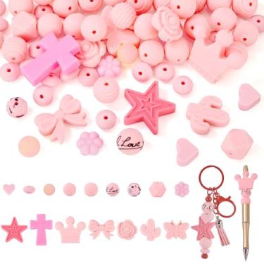 Imagem de FASHEWELRY 92 peças de contas focais de silicone para canetas, kit de fabricação de pulseiras de borracha rosa, coração, estrela, cruz, flor, espaçadores, contas, contas de silicone para chaveiros