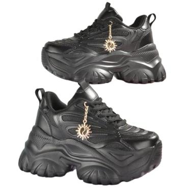 Imagem de Tênis feminino moderno com pingente de sol dourado plataforma sola grossa 7 cm altura impulsiona moda urbana elegante conforto acolchoado para uso diário antiderrapante e absorvente de choque, Preto