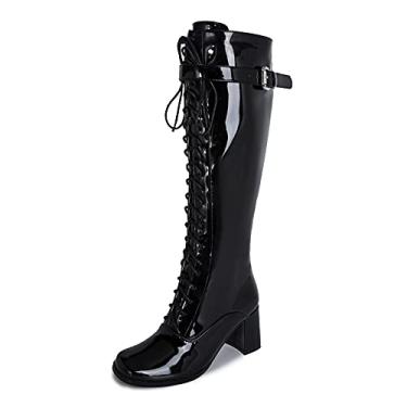 Imagem de LIURUIJIA Botas femininas Gogo com cadarço e salto alto e zíper lateral, Preto, 38