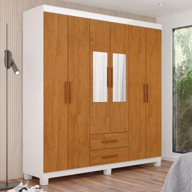 Imagem de Guarda-Roupa Solteiro Aurora 6 Portas 2 Gavetas com Espelho 22117 Branco/Cinamomo - Carioca Móveis